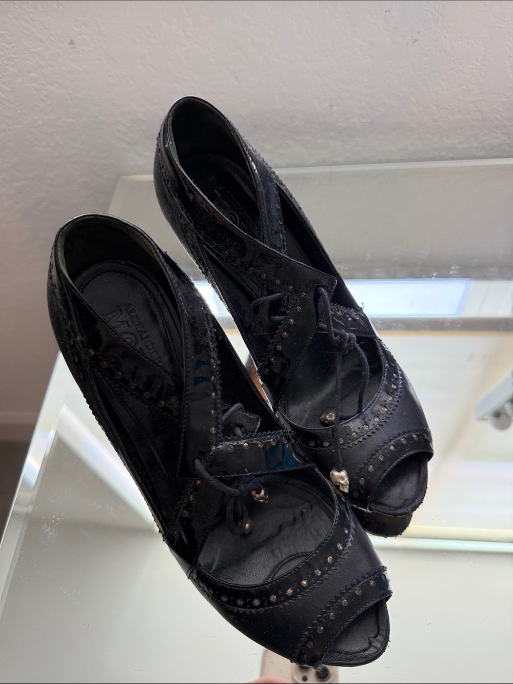 Alexander McQueen Black Peep-Toe Lace-Up skull detail Stiletto Heels